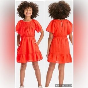 (A10) NWOT Cat & Jack Girls Orange Cotton Fit Flare Cute Dress XL 14